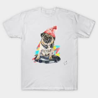 DJ pug dog in a red hat with ones and twos T-Shirt